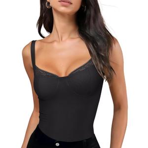 REORIA Lace Trim Tank Top Bodysuit for Women Sleeveless Square Neck Sexy Thong Bodysuit Going Out Bustier Holiday Club Tops (Small, Black)
