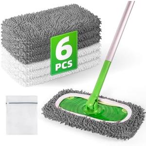 6 Pack Reusable Mop Pads Compatible with Swiffer Sweeper Mop, Wet and Dry Chenille Sweeping Cloths, Washable Pads Refill, Microfiber Pads for Multi-Surface/Hardwood Floor Cleaning (Gray, White)