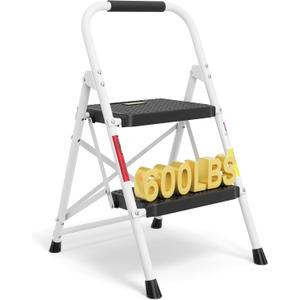 BONTEC 2-Step Ladder, Folding Step Stool, 600lbs Max Load Capacity, Sturdy Steel, Non-Slip Pedals, Lightweight, Portable Steel Ladder with Convenient Handrail, Safety Design for Home & Work, White
