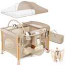 5-in-1 Baby Bassinet, One-Hand Setup Foldable Baby Playpen, Khaki | Portable Pack and Play for Newborn to Toddler with Bassinet ,Waterproof Diaper Changer & Mattress, 0-36 Months, Khaki