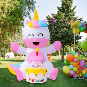 OurWarm 6FT Inflatable Unicorn Birthday Cake, Happy Birthday Inflatable Unicorn with Cake and Candle, Cute Outdoor Birthday Decorations with Built-In LED Lights and Blower for Home Yard Birthday Decor