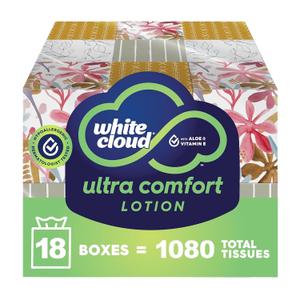 White Cloud Ultra Comfort Lotion 3-Ply Facial Tissue with Aloe & Vitamin E, 18 Box Multipack, 60 Tissues Per Box