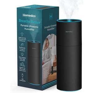 Homedics Portable Humidifier - Small Air Humidifiers for Bedroom, Plants, Office, Travel - Cool Mist Humidifiers, Color-Changing Accent Light, 2 Mist Settings, Matte Black