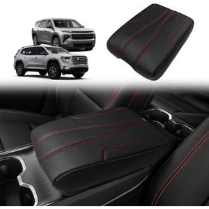 Center Console Armrest Cover Fit for GMC Acadia & Chevrolet Chevy Traverse 2024-2026 Accessories, Comfort Armrest Pad Console Lid Cushion Vegan Leather Regular Thick (Black/Red Trim)
