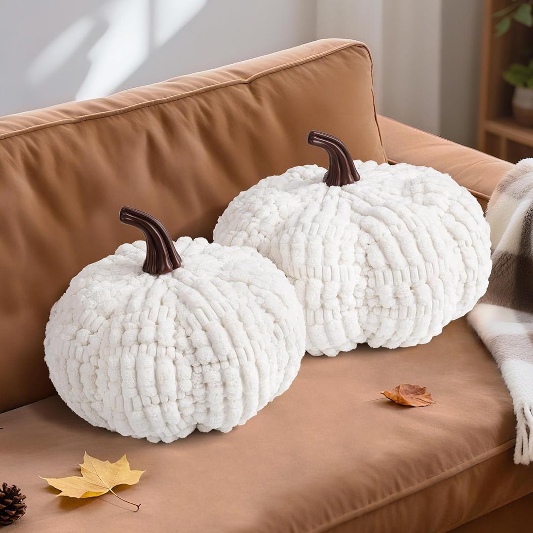 AELS Pumpkin Pillows, Set of 2, Halloween Pumpkin Pillow, Fall Thanksgiving Decorative Throw Pillow, 14 Inch 3D Pumpkin Throw Pillows for Home, Party, Gift, White