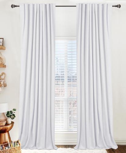 100% Blackout Shield Linen Blackout Curtains for Bedroom 92 Inches Long, Back Tab/Rod Pocket Living Room Drapes, Thermal Insulated Blackout Curtains 2 Panels Set, 50" W x 92" L, Bright White