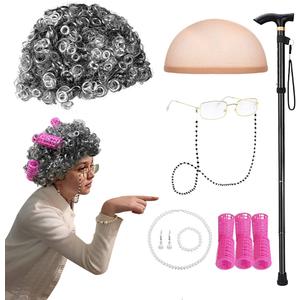Old Lady Costume Wig for Girls, 100th Day of School Granny Wig, Set Of 5