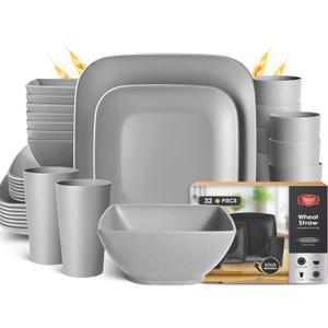 Teivio 32-piece Plastic Wheat Straw Square Dinnerware Set for 8, Unbreakable Dinner Plates, Salad Plates, Snack Bowls, Tumblers, Dishwasher Safe, Light Gray