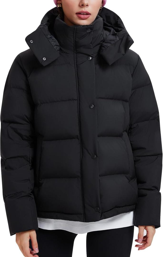 800 Fill Short Down Puffer Jacket, Relaxed Fit Lightweight Ski Winter Jacket & Coat Snap Button Puffy Cropped Outerwear (Small, 5-grid Black)