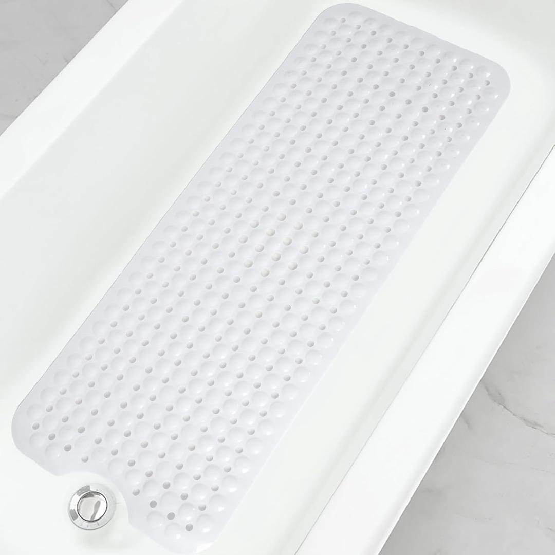 Linoows Bathtub and Shower Mats, 40x16 Inch Extra Large Non Slip Soft Bath Tub Mat with Suction Cups and Drain Holes for Bathroom Floor and Keep Tubs Clean, Machine Washable, White