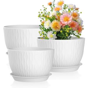 Meowell 12/10/9 inch Large Plant Pots, 3 Pack Wide Flower Pots for Outdoor Indoor Plants with Water Ripples, Big Plastic Planters with Drainage Holes and Saucers for Garden House Plants, White
