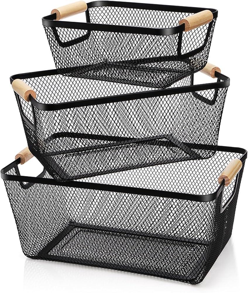 Ziliny 3 Pack Plastic Mesh Basket with Wooden Handles - PP Material Hanging Storage Organizer Container Bins for Organizing Cabinet Pantry Bathroom Kitchen Fridge Fruit Makeup Snacks Gifts(Black)