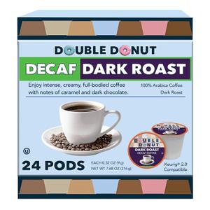 Double Donut Coffee Decaf Dark Roast Coffee Pods, Extra Bold Blend Coffee, Single Serve Coffee For Keurig K Cups Machines, Decaf Dark Roast Coffee in Recyclable Pods, 24 Count (EXP 09/01/26)
