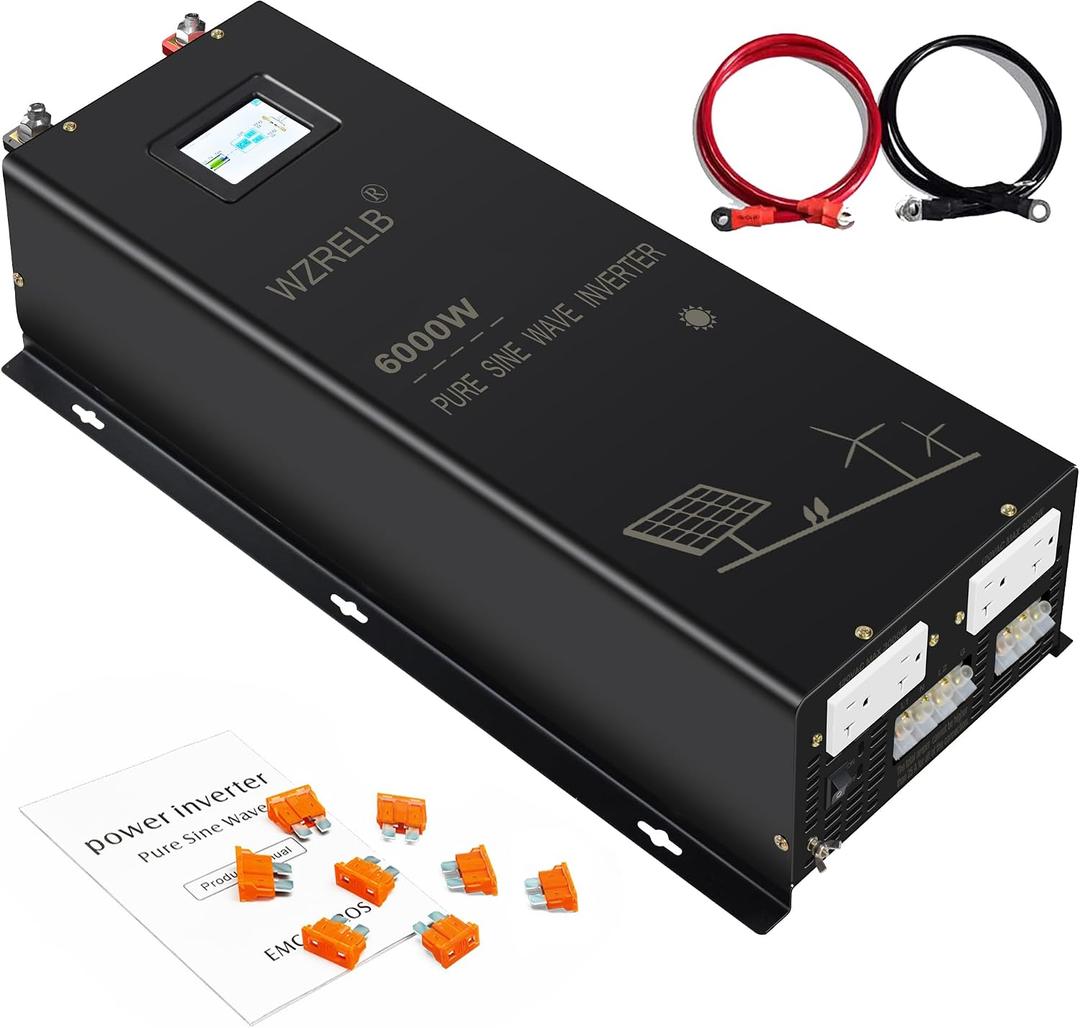 WZRELB 6000W Split Phase Pure Sine Wave Inverter, 48V DC to 120V/240V AC, 4 AC Outlets, Hardwire Terminal, High Efficiency up to 91.6%