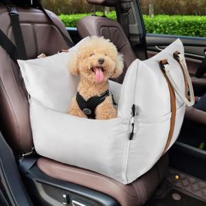 Pawaboo Dog Car Seat for Small Dog, Soft Dog Booster Car Seat under 25lbs, Portable Puppy Bed Car Seat with Storage Pocket, Fixed Buckles and Safety Leash, Pet Carseat Puppy Travel Carrier Bed (Beige) (Upgrade-Ultra Comfort-Light Grey)