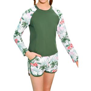 Alakuoti Girls Rash Guard Swimsuit Two Piece Bathing Suit UPF 50+ Sun Protection Long Sleeve Swimwear 10, Green Coconut Tree