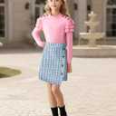 Girls Clothes Skirt Set 2 Piece Ruffle Sleeve Shirts and Plaid Skirts Fall Winter Outfits (11-12 Years, Pink & Plaid Blue)