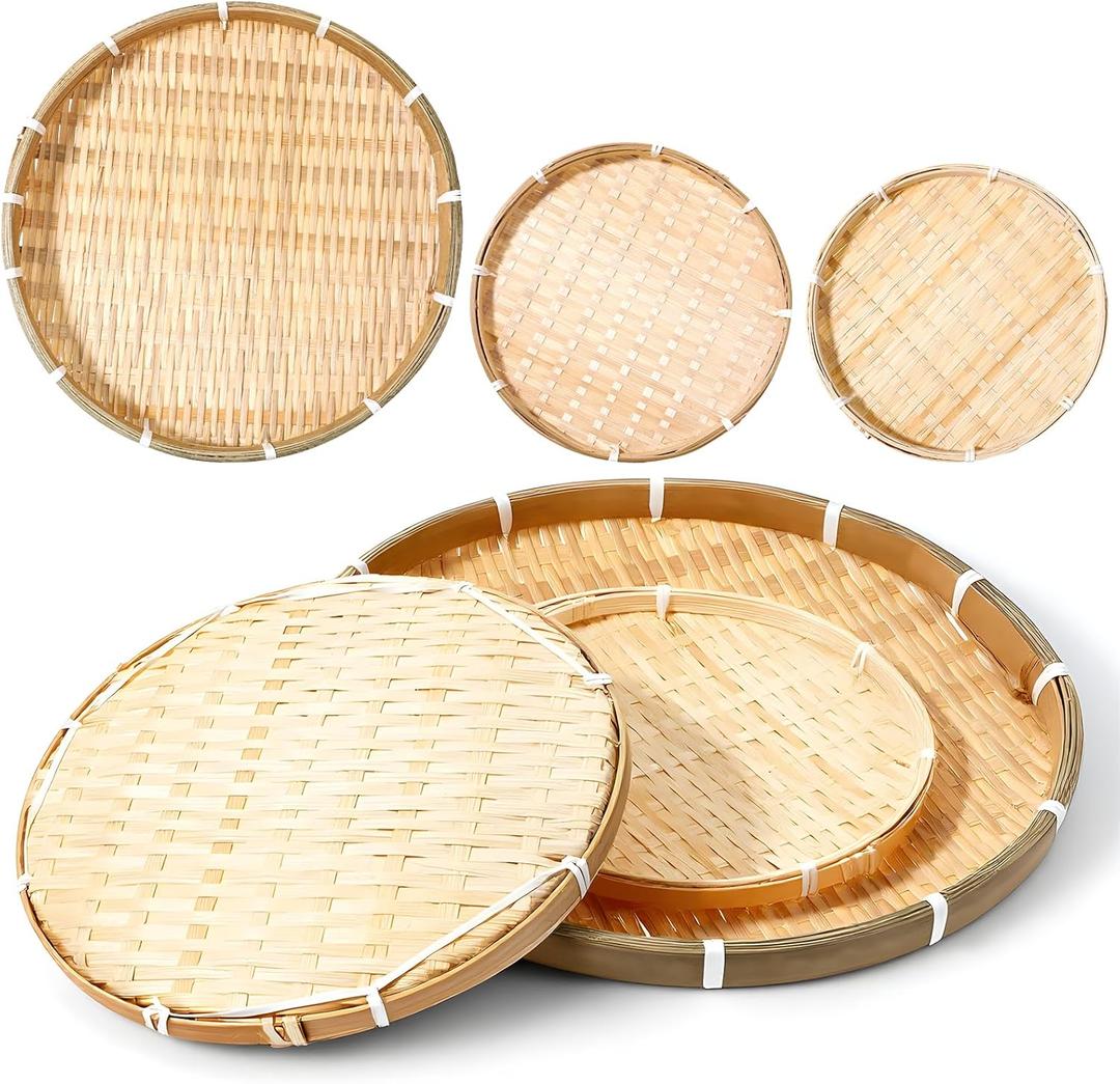 6 pcs Handmade Bamboo Woven Basket Tray, Woven Fruit Basket, Shallow Food Storage Serving Trays, Round Bamboo Tray for Serving, Round Flat Wicker Baskets for Breakfast, Fruit, Snacks