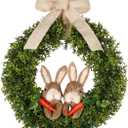 22" Spring Easter Wreath for Front Door - Easter Bunny Wreath - Artificial Green Boxwood Wreath with Burlap Bow & Sisal Bunnies - Spring Easter Holiday Decor for Home Door, Porch, Wall, Window