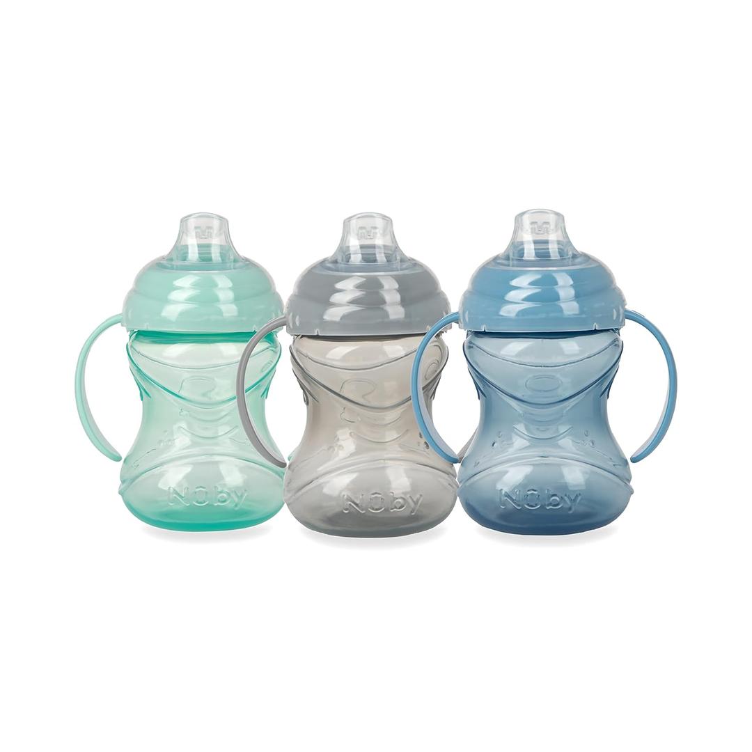 Nuby 3 Piece No-Spill Grip N Sip Cup with Soft Flex Spout, 2 Handle with Clik It Lock Feature, Neutral,10 Ounce (Gray, Blue & Aqua)