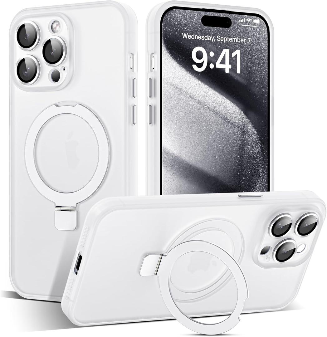 Designed for iPhone 14 Pro Case with Magnetic Invisible Ring Stand[Military Drop&Full Camera Lens Protection][Compatible with Mag-Safe] Shockproof Matte Slim Phone Cases 6.1",Translucent