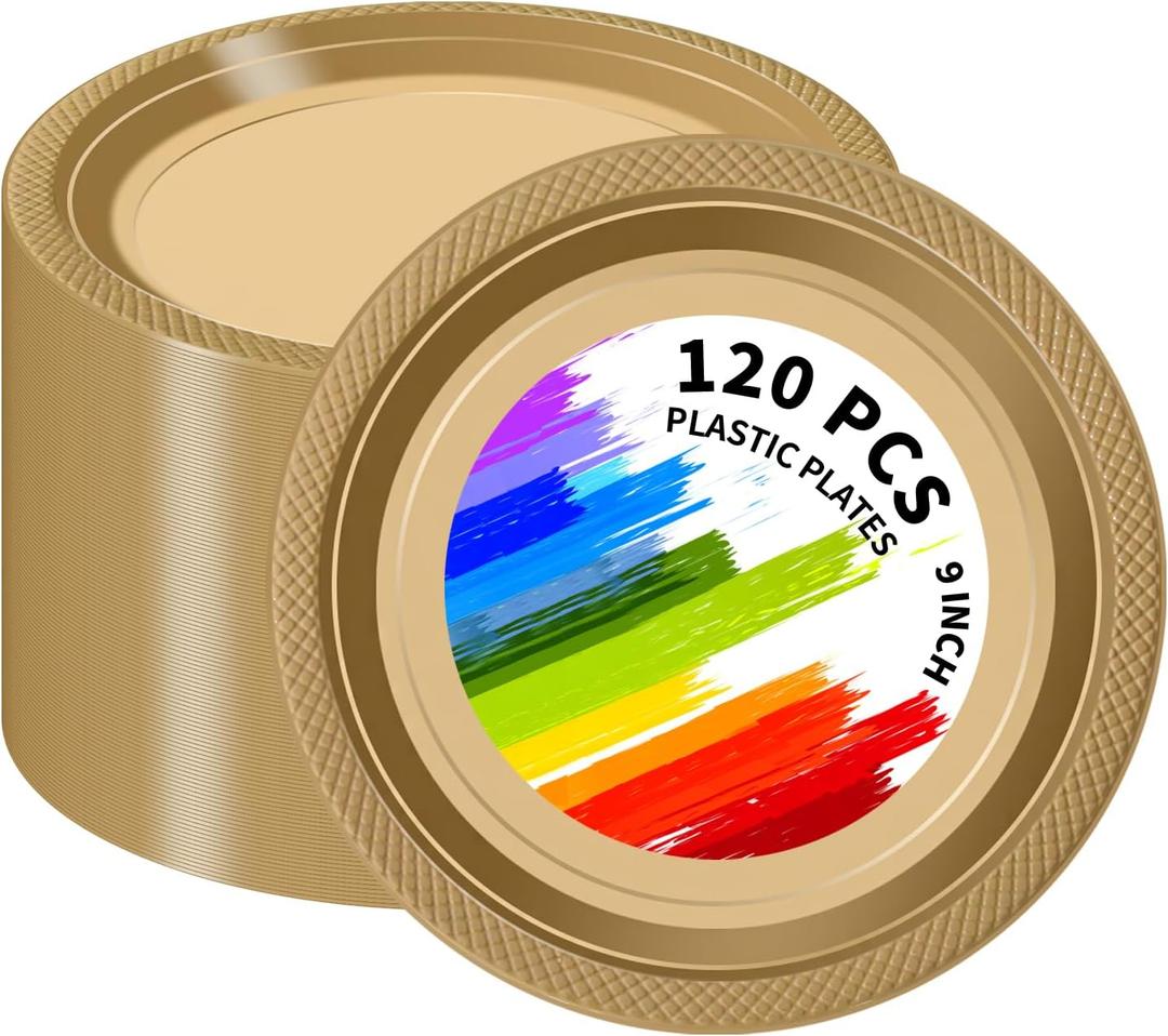 120 PCS Gold Plastic Plates, 9 Inch Disposable Dinner Plates for Party Heavy Duty Plastic Dinnerware Sets for Wedding Easter Picnic BBQ (Gold, 9")