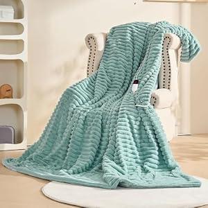 AEPINBH Heated Electric Blanket Throw, 6-Level Fast Heating, 4-Hour Auto-Off, Soft&Warm Stripe Faux Rabbit Fur, for Couch Home Office, with Overheating Protection & ETL Certified (Green, 50"X60")