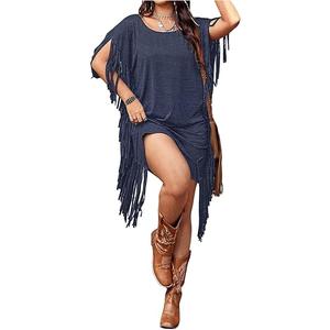Women's Plus Size Fringe Dress Boho Western T Shirt Dress Tassel Short Sleeve Scoop Neck Cowgirl Short Dresses, 2XL
