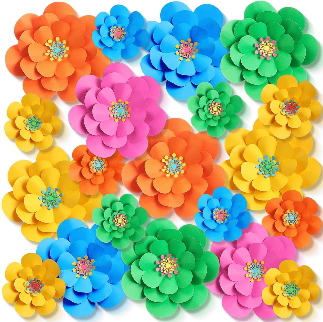 Mooliwe 20 Set Mexican Paper Flowers Decorations for Wall DIY Fiesta Bulletin Board 3D Handcrafted Paper Flowers Backdrop Decoration for Mexican and Holiday Party (Bright)