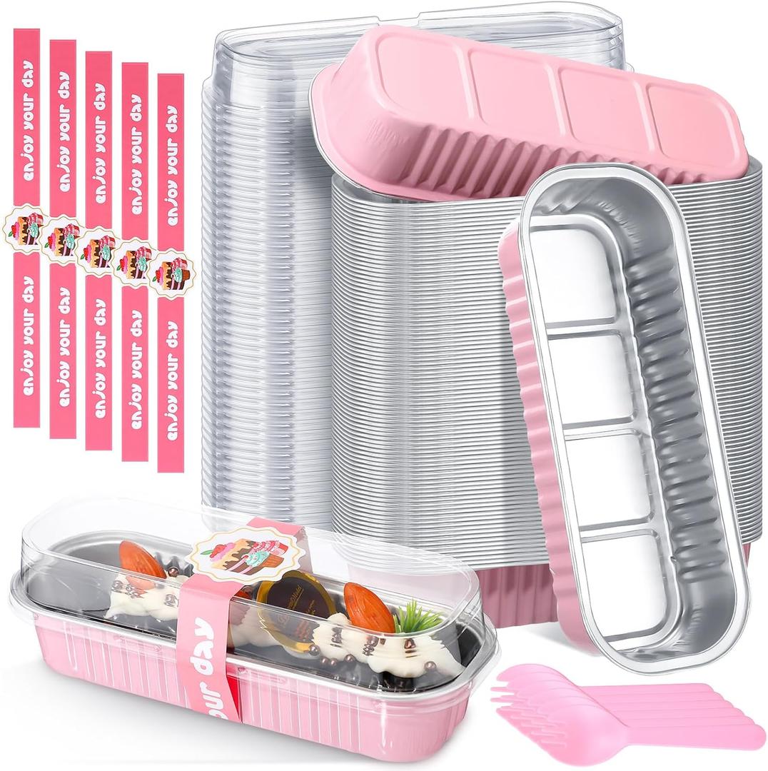 Tioncy 100 Sets Fall Mini Loaf Pans with Lids Spoons Sealing Stickers, Harvest Mini Cake Pans, Rectangle Aluminum Foil Baking Bread Containers, Bakery Party Supplies 6.8oz(Pink,Classic)