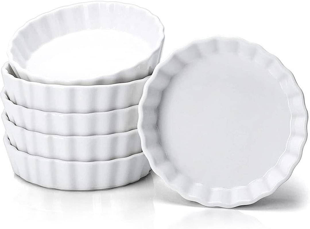 8 Oz Creme Brulee Ramekins, Porcelain Ramekins Oven Safe, Round Tart Pan Mini Fluted Quiche Dishes, Set of 6, White