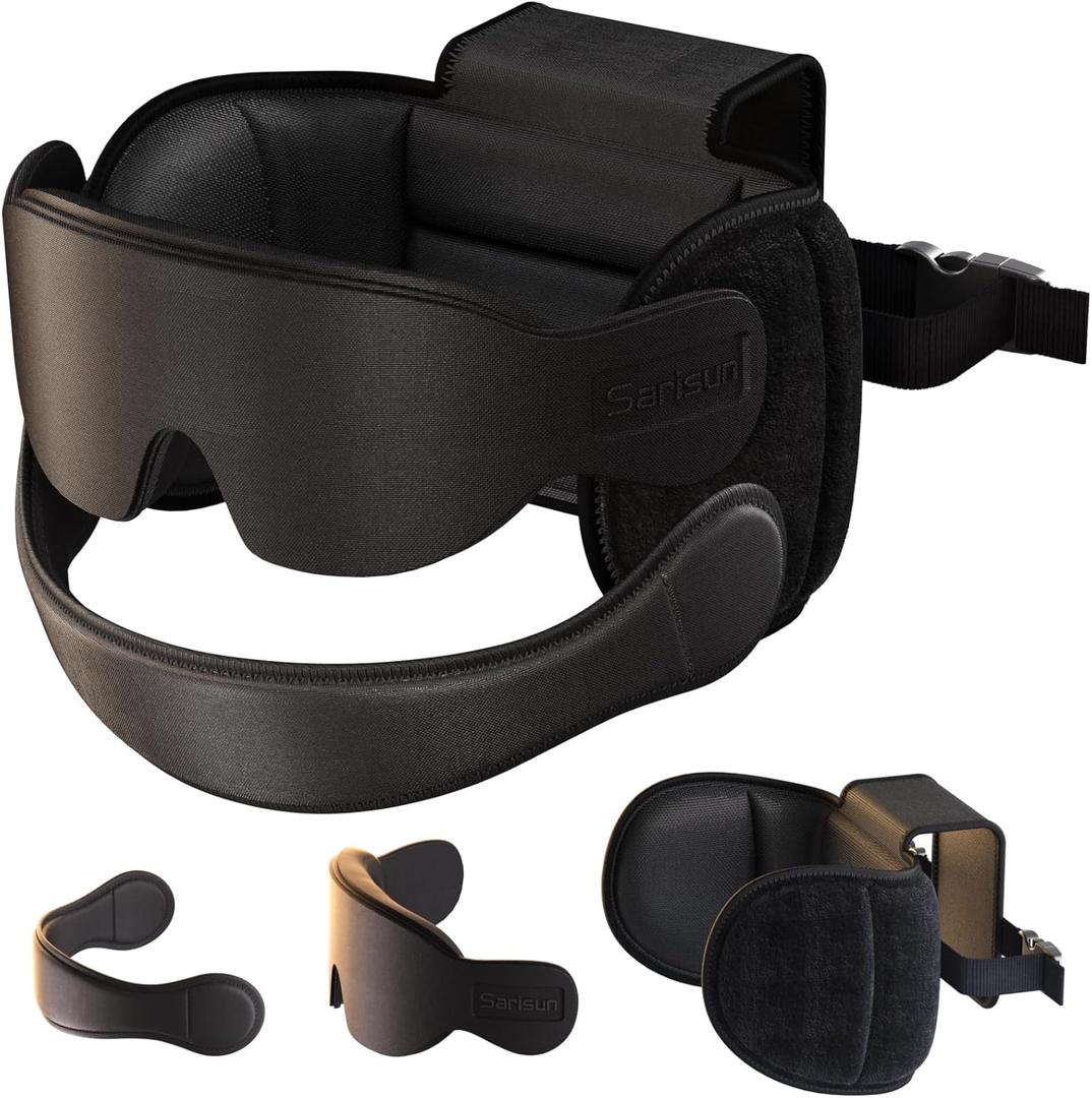 SARISUN Travel Pillow for All Airplane Seats, Airplane Pillows Combo with Chin Strap, 3D Eye Mask for Sleeping, 360 Support Travel Head Strap, Long Flights Essentials, Stop Bobblehead, Black