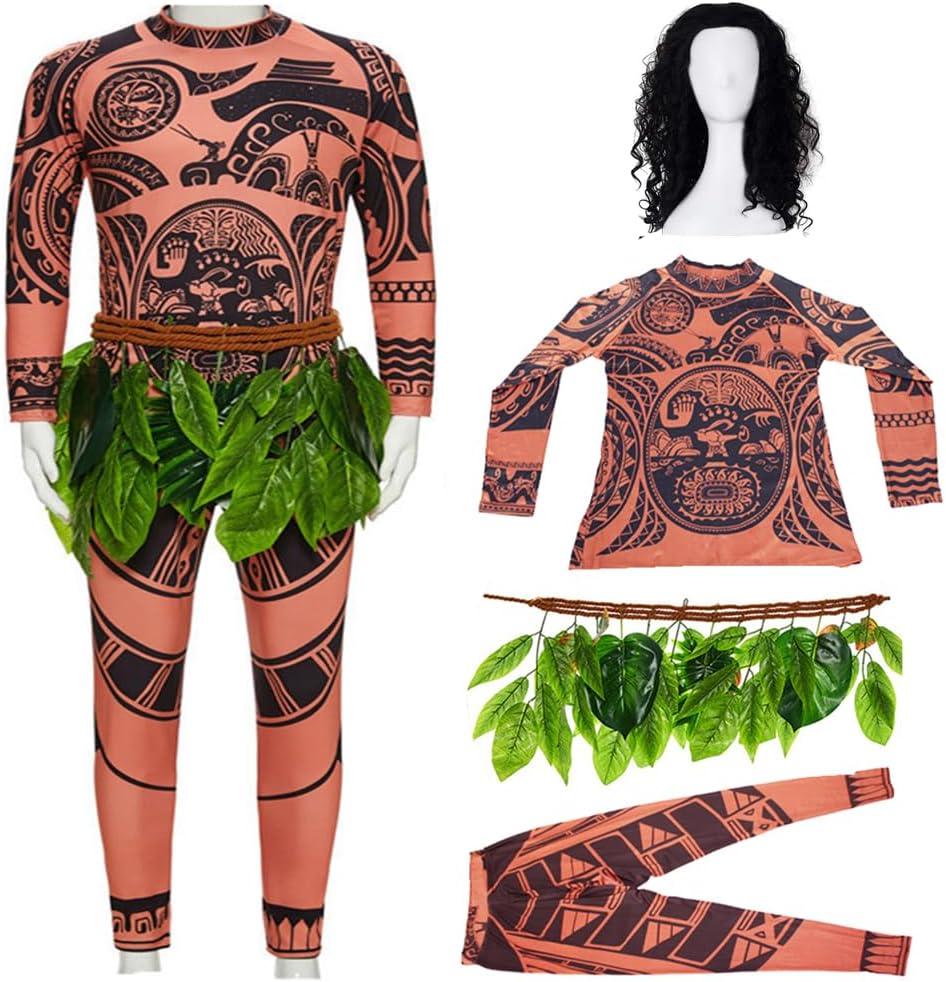 LIFEPATH88 Maui Tattoo T Shirt/ Pants Halloween Cosplay Costume Adult for Mens and Womens Wig Set (M)