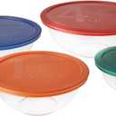 Pyrex Mixing Bowl Set: 322 1qt, 323 1.5qt, 325 2.5qt, 326 4qt Glass Bowls with 322-PC Green, 323-PC Orange, 325-PC Cadet Blue & 326-PC Red Lids - Made in USA