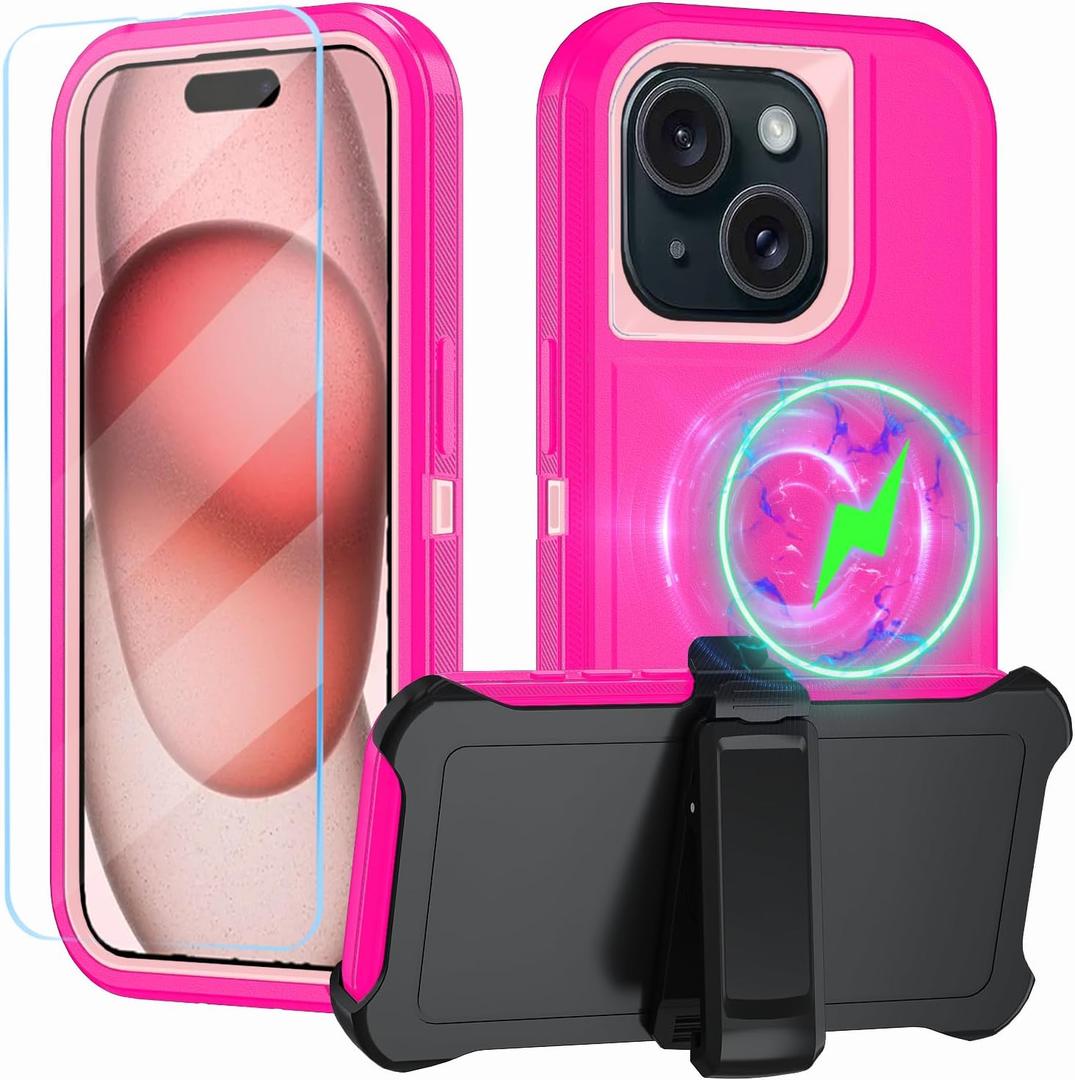 Magnetic for iPhone 15 Case,with Belt Clip,[Compatible with Magsafe] W/Tempered Glass Screen Protector,Anti-Drop,Shockproof,Heavy Duty Protection (Pink)