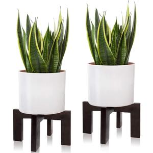 2 Pack Plant Stand Indoor Outdoor, Mid Century Plant Stand for Indoor Plants, Wood Modern Plant Holder Rattan Flower Plant stool, Low Short Boho Rustic Planter Stand, Fit 5-15 Inch Pot
