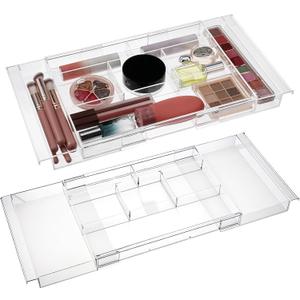 2 Pcs Expandable Drawer Organizer 11.1 to 19.2 Width, Shallow Cosmetic Organizer 1.3 Height, Clear Plastic Storage Trays for Dressing Table,Bathroom