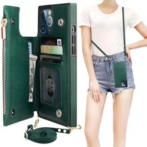 Bocasal Crossbody Wallet Case for iPhone 12 Pro Max with Card Holder,Zipper Card Slot Protector Shockproof Purse Cover with Removable Cross Body Strap 6.7 Inch(Green)