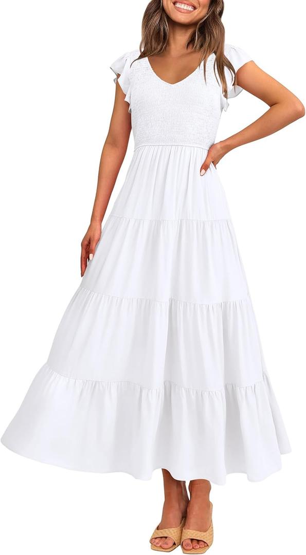 PRETTYGARDEN Women's Summer Flowy Maxi Dress Casual Cap Sleeve V Neck Smocked Beach Sundress (White, Small)
