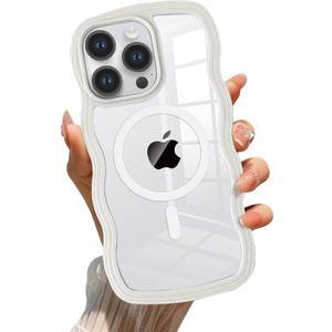 QLTYPRI Magnetic for iPhone 16 Pro Max Case Compatible with Magsafe, Cute Curly Wave Frame Clear Case for Girls Women, Transparent TPU Bumper Shockproof Protective Phone Cover - White