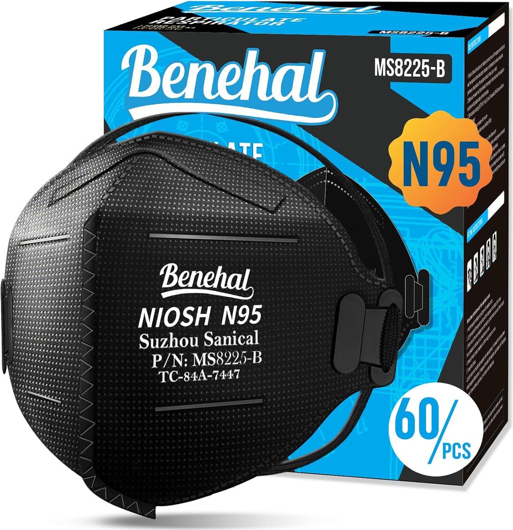 Benehal NIOSH Approved N95 Mask Particulate Respirators, Pack of 60 N95 Face Masks, Individually Wrapped,Black