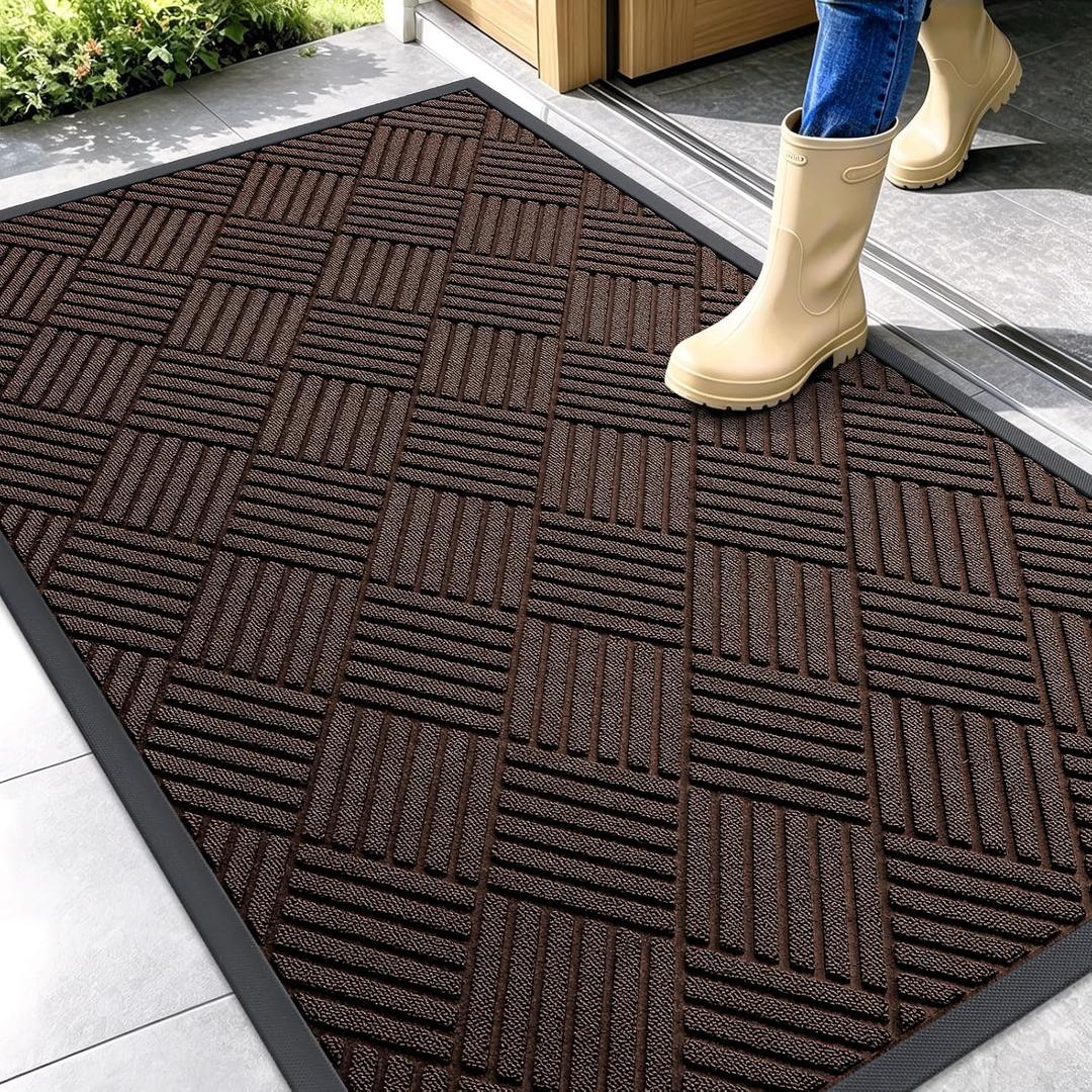 OLANLY Front Door Mat Outside Entrance 47x32, Absorbent, Heavy Duty Sturdy Natural Rubber Doormat Indoor Outdoor, Stain and Fade Resistant, Non-Slip Low Profile Floor Mat for Entryway, Brown Diamond