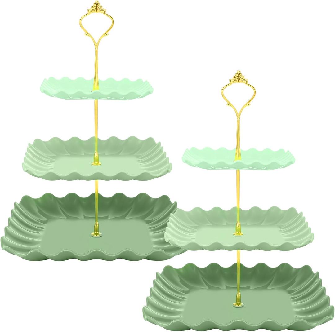 Lallisa 2 Pack Scalloped Cupcake Stand Dessert Plates Plastic Square Tiered Serving Stand Display Tower for Wedding, Birthday Party, Tea Party and Baby Shower(Green Gradient)