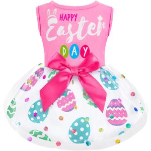 Dog Dress Girl Dog Dresses with Bowknot Tulle Princess Pet Clothes for Small Medium Large Dogs Girls Boys Cats Outfit Apparel (Large, Happy Easter)