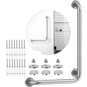 Brushed Nickel Angled Grab Bar 16x24 Inch, iHansee Bathroom Safety Bar w/Anti-Slip Knurled Grip, Wall Mount L Shaped Shower Handle for Elderly Senior Handicap, Toilet Bathtub Balance Support Bar