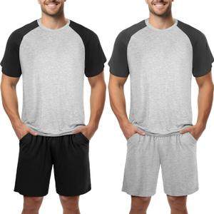 2 Sets Men's Pajamas Short Sleeve Pyjama Modal Sleepwear Shorts with Pockets Nightwear Soft Comfy Pjs Set (L)