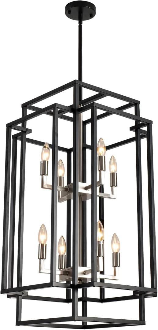8-Lights Lantern Tiered Pendant Light Fixtures,Foyer Lighting Fixtures Industrial Entryway Chandelier for Enterway Dining Room Foyer Living Room Island Kitchen Staircase (Silver)