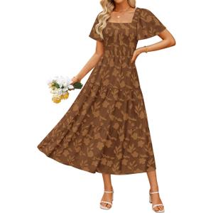 ZESICA Womens Summer Boho Floral Midi Dress 2026 Casual Short Sleeve Square Neck Flowy Beach Vacation Long Dress (Small, Caramel)