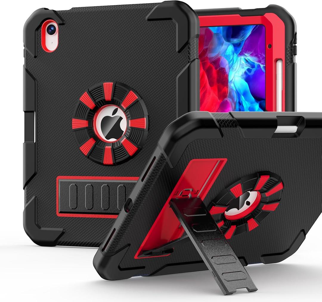 BLOSOMEET for iPad A16 Case 11th Generation 11" 2025 & 10th Generation 10.9" 2022, Shockproof Rugged Cover with Pencil Holder & Stand for iPad 11/10th Gen, Hard iPad 11 inch Case for Kids, Black-Red