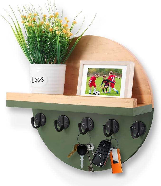 CRAKTH Key and Mail Holder for Wall Decorative, Wooden Boho Key Hanger with Shelf, Unique Two-Tone Circular Design Entryway Key Rack - Brown & Green